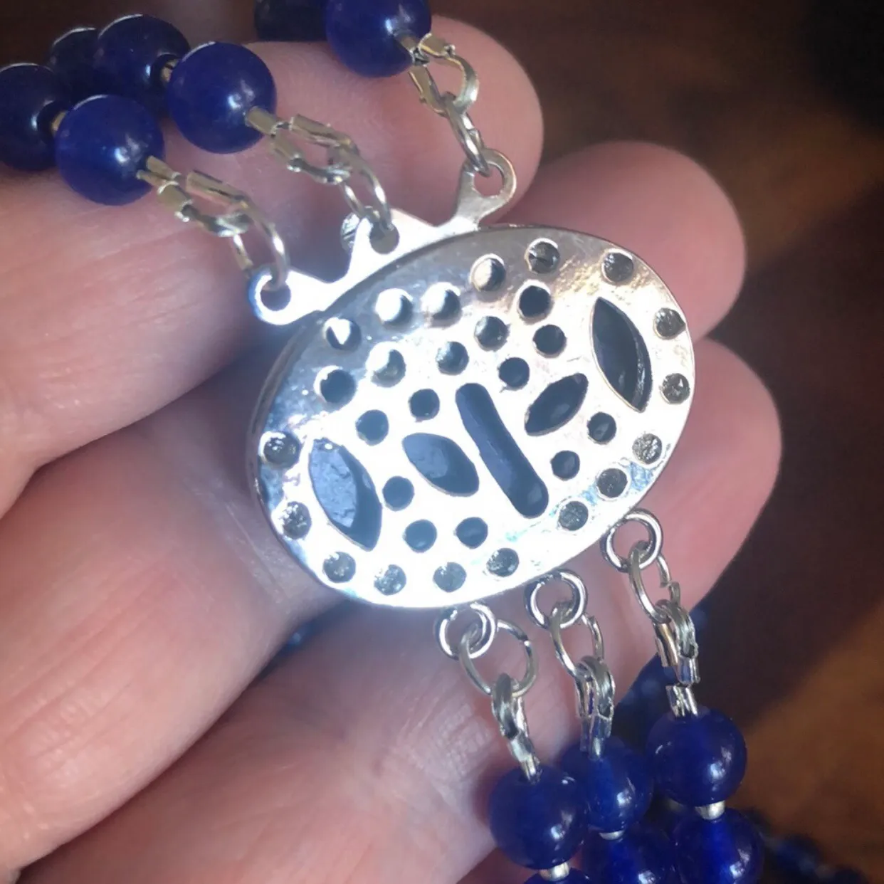 Handcrafted triple strand lazurite bead oval lapis stone clasp necklace Blue - Image 14