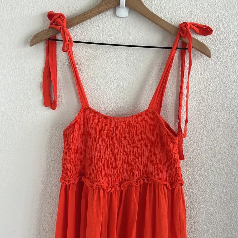 Zara Bloggers Favorite Smocked Tiered Poplin Maxi Dress Summer Red Orange Small - Image 2
