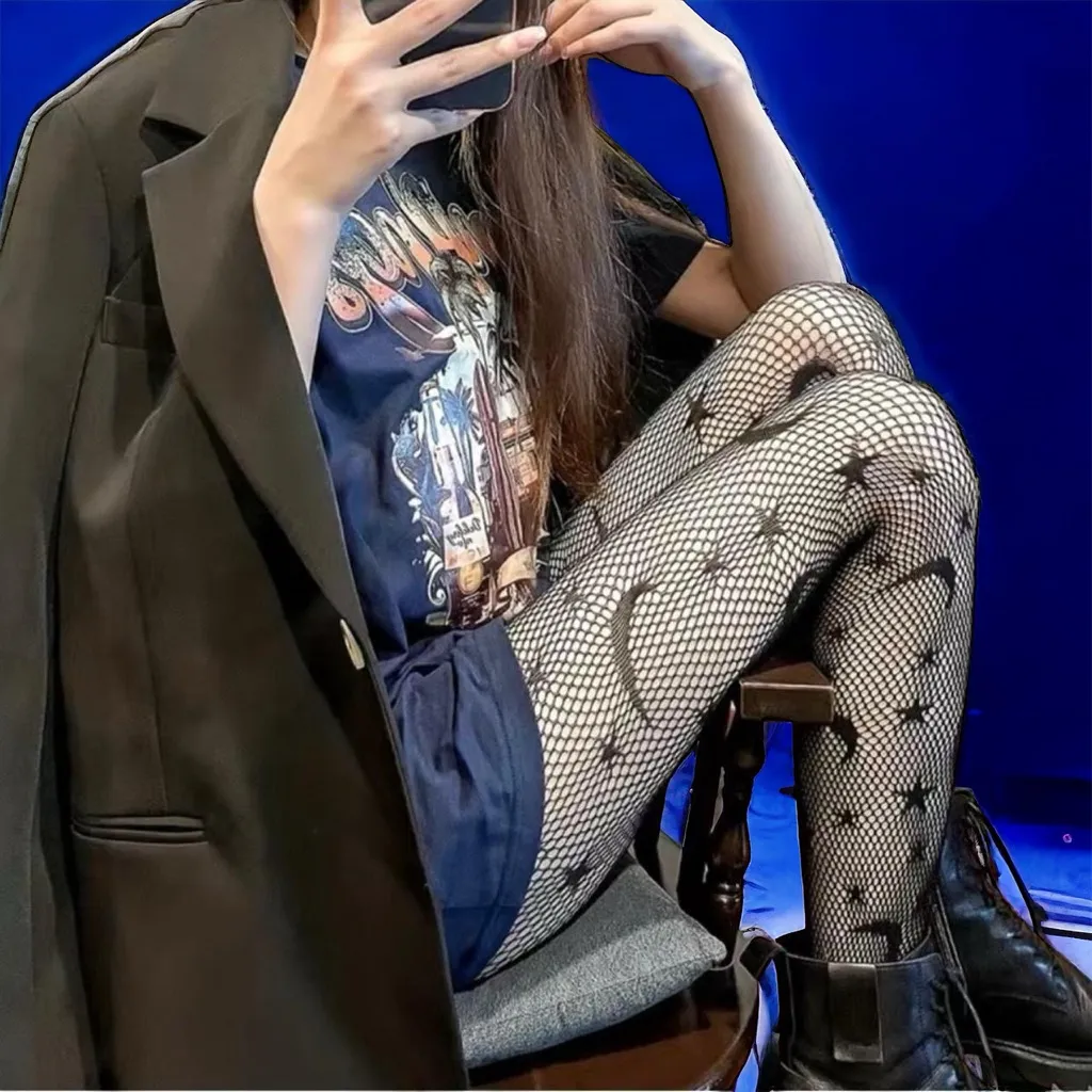 Black Moon & Star Pattern Fishnet Tights, Cut Out‎ High Waist Mesh Pantyhose - Image 3