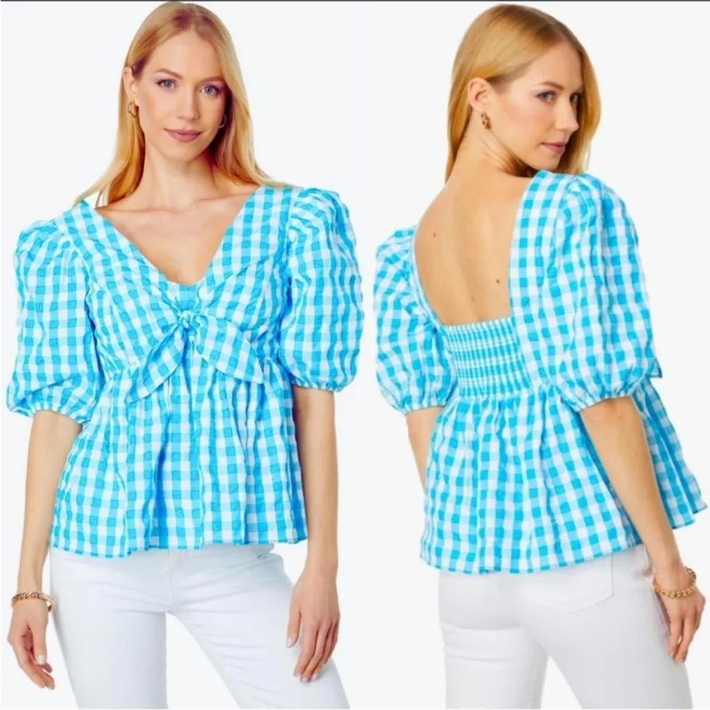 LILLY PULITZER SARAFINA BLUE GINGHAM CHECK BABYDOLL SHORT PUFF SLEEVE SMOCK TOP - Image 2