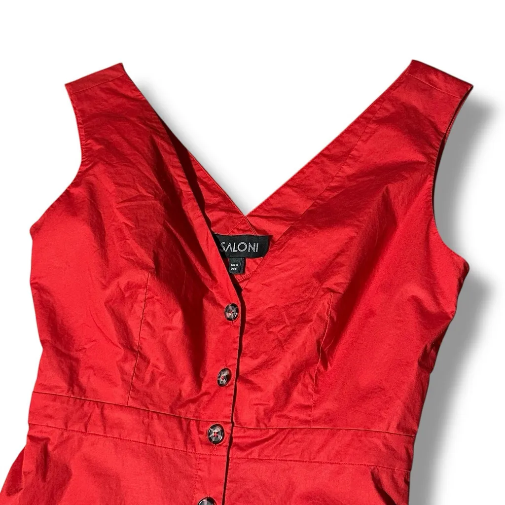 SALONI Zoey Cut Out Cotton Poplin Midi Dress Fluted Hem Red 6 Button Down V Neck - Image 6