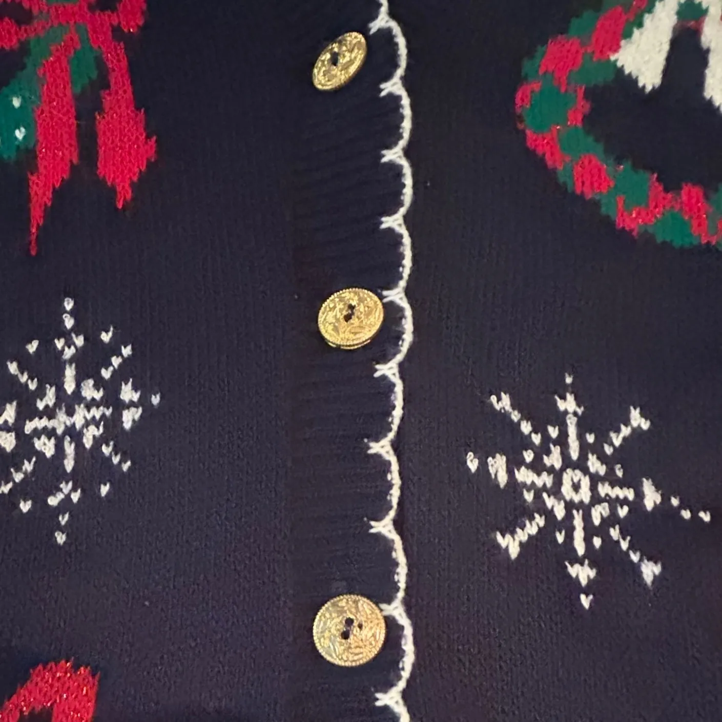 Vintage‎ Christmas Sweater Navy Blue Wreath Snowflake Holiday Cardigan Sz Medium - Image 3