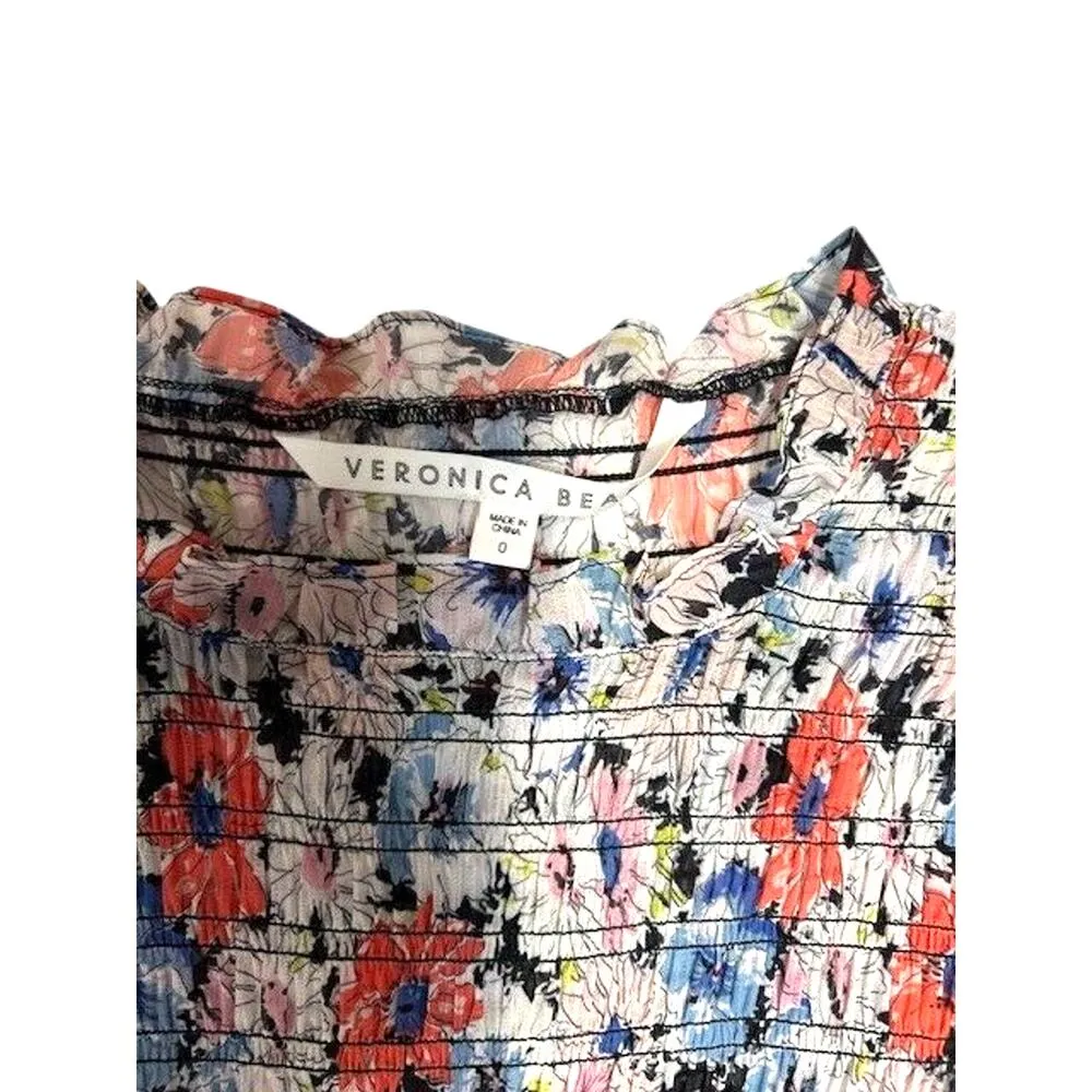 VERONICA BEARD Cici Ruched Smocked Ruffle Sleeve Floral Flower Mini Dress 0 - Image 4