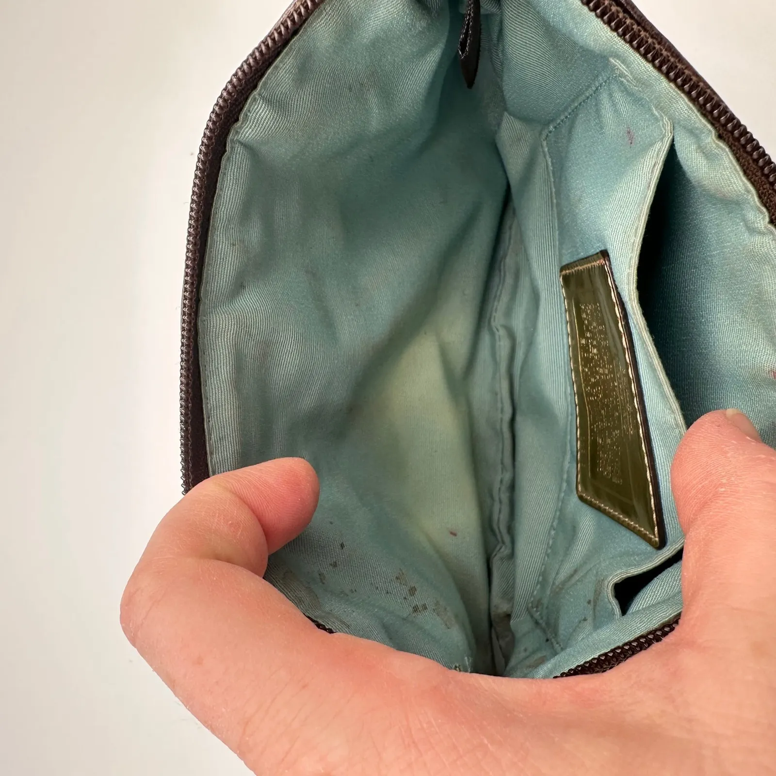 Vintage Coach Signature Monogram Wristlet Pouch Brown Leather Trim Gold Hardware - Image 5