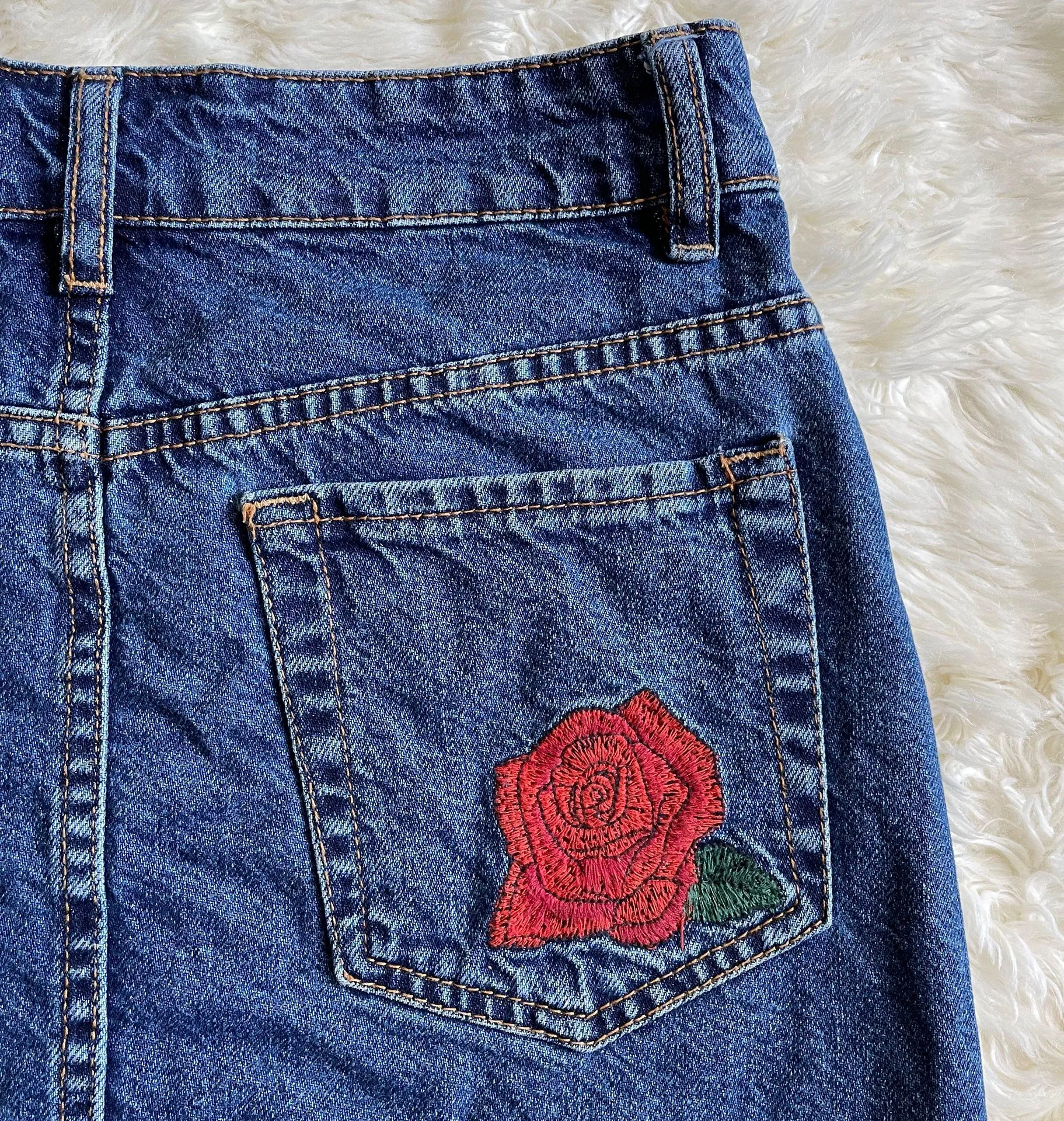 Skirt Rose Flower Embroidered Denim Button Front Mini Blue Red XS - Image 5