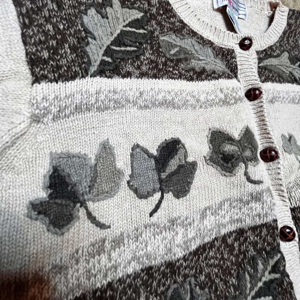 VTG Grandma Fall Leaf Knit Brown Cardigan Leaves Grannycore SZ L Sweater 80s Size L - Image 3