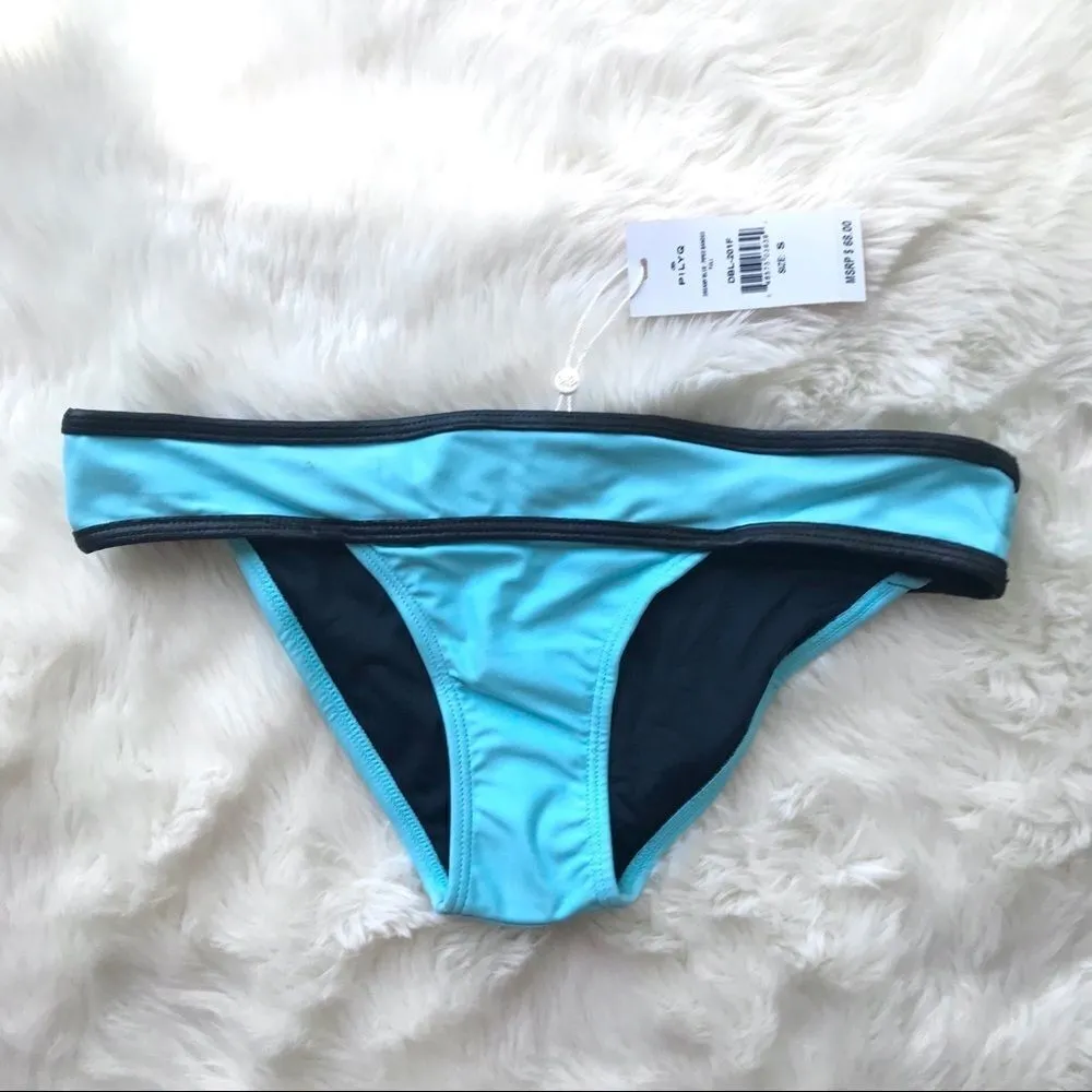 PILYQ Banded Full Bikini Bottom Low Rise Colorblock Aqua Blue Black Small New‎ - Image 3