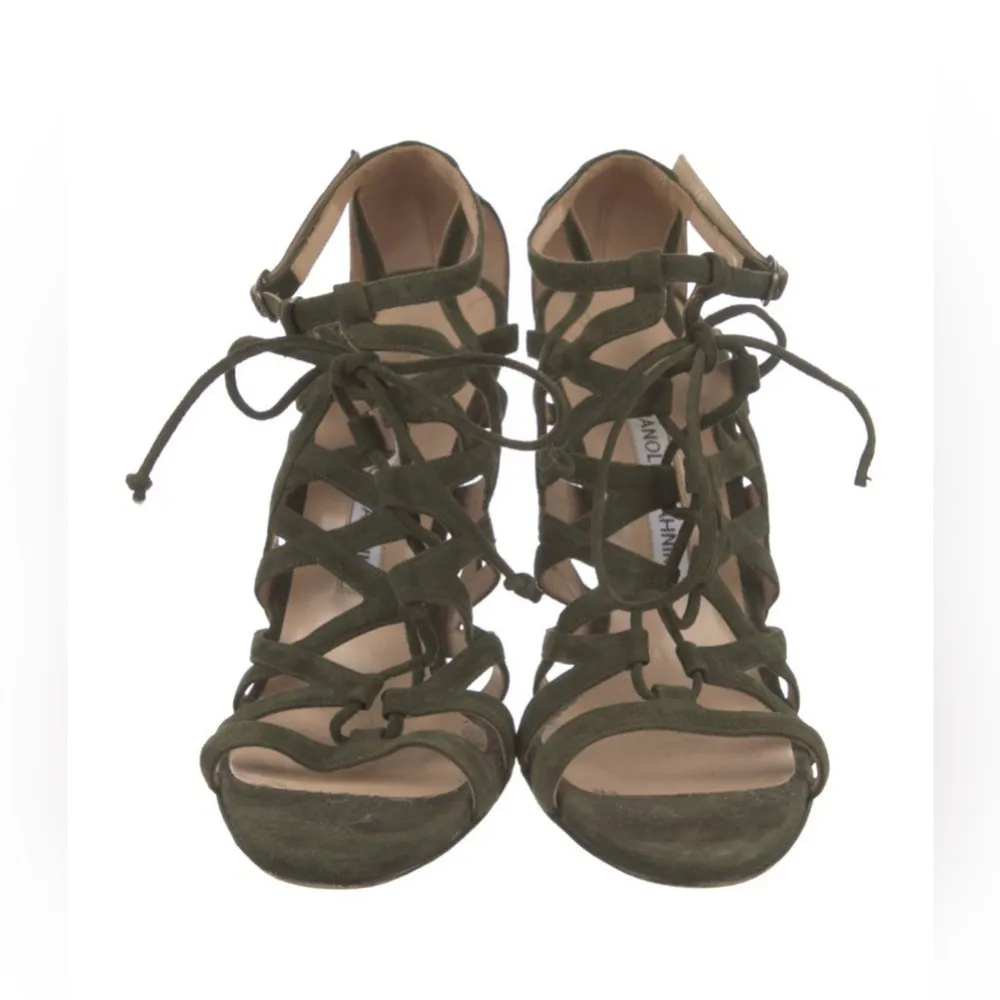 Manolo Blahnik Vostra Strappy Suede Lace Up Open Toe Heels Green sz 38 - Image 3