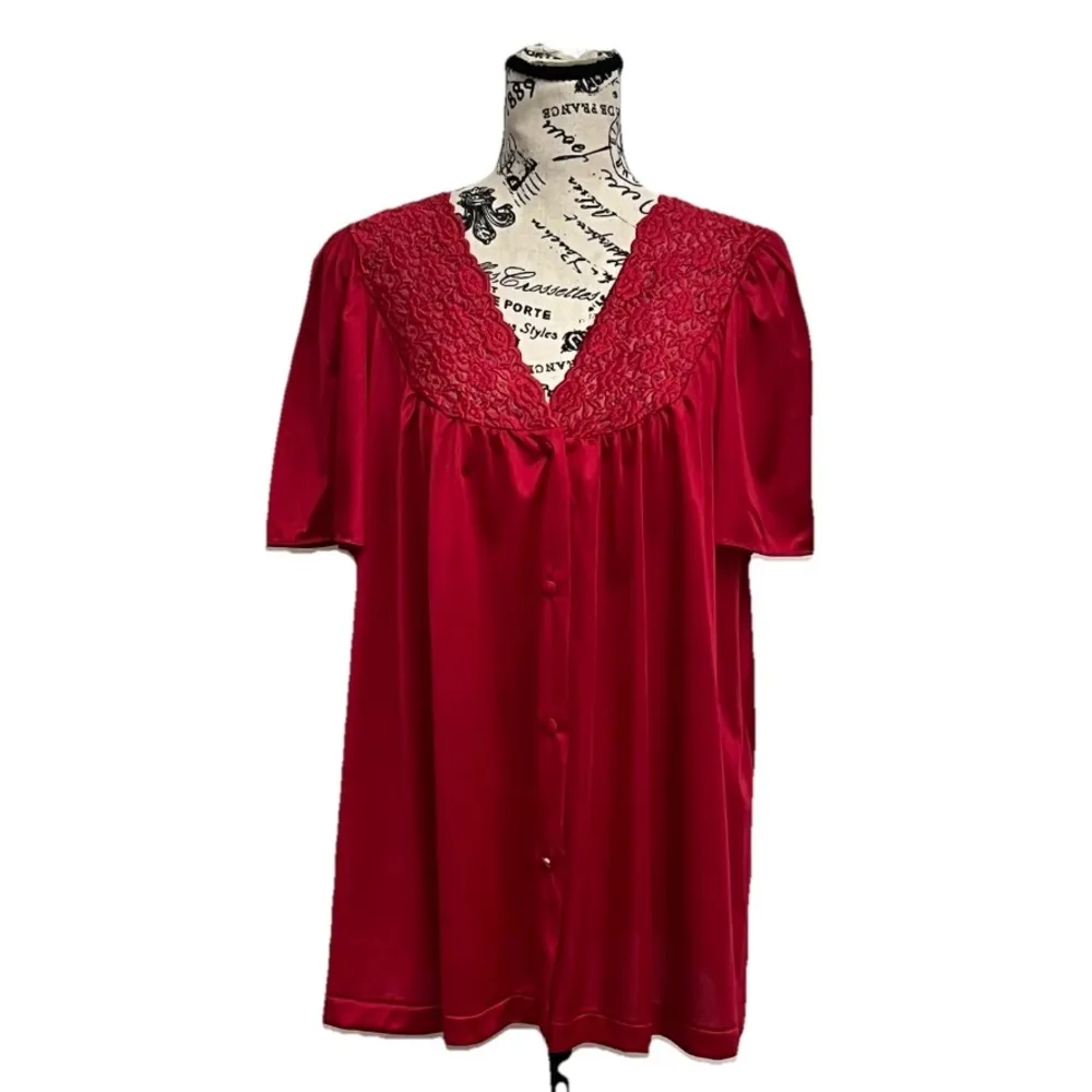 Vintage Vanity Fair Red Lace Pajama Top Women’s L | Button Up Nightgown Blouse - Image 2