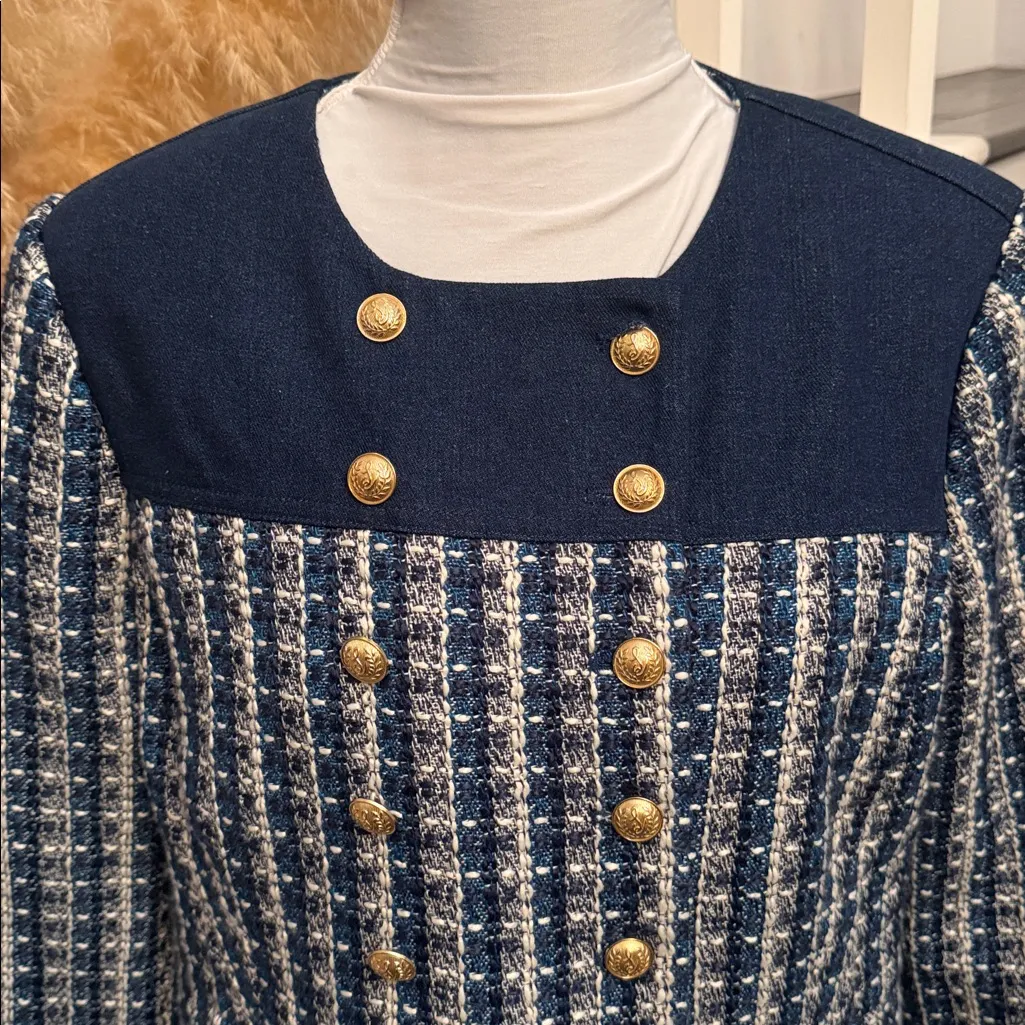 Sam Edelman Blue Tweed Fiona Double Breasted Collarless Blazer Size Medium - Image 3