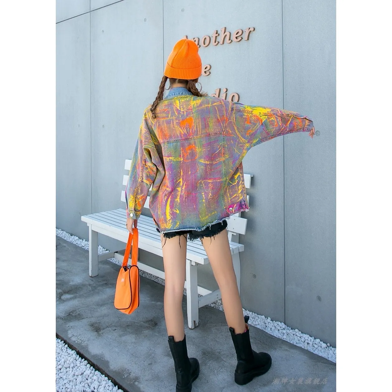 Denim Jacket Colorful Painted Teddy Bear Smiley Face Oversized L/XL Blue Size L - Image 3