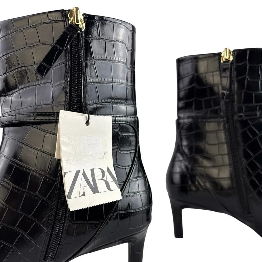 NEW Zara Black Croc Leather Buckle Pointed Toe Heeled Ankle Boots Size 41/US 10 - Image 9