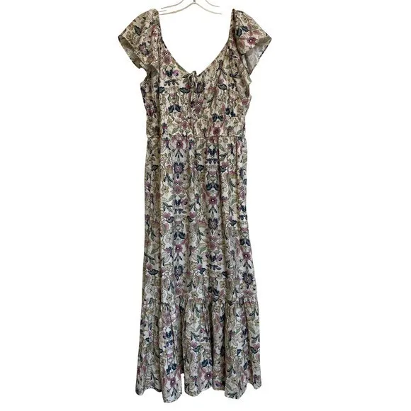 Rachel Zoe New York Cream Purple Floral‎ Elastic Tie-Neck Midi Dress - M NWT - Image 2