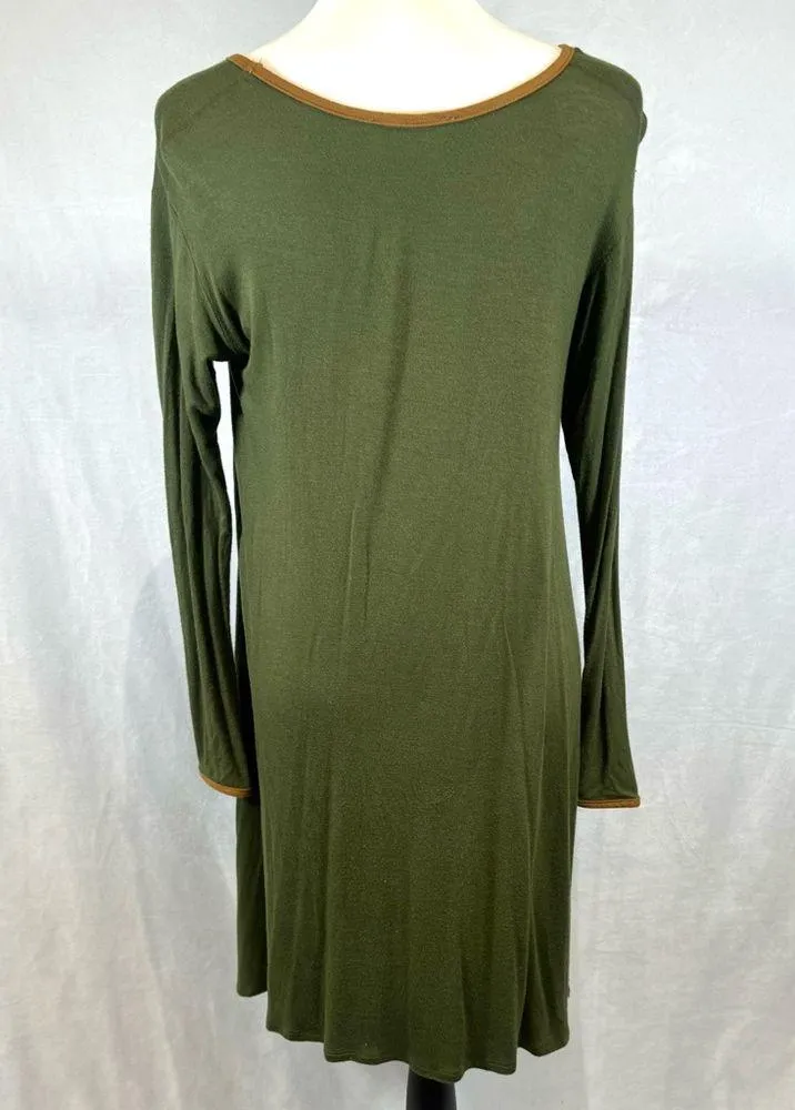 Long Sleeve Army Green Dress With Brown Suede Trim Size Small - Image 3