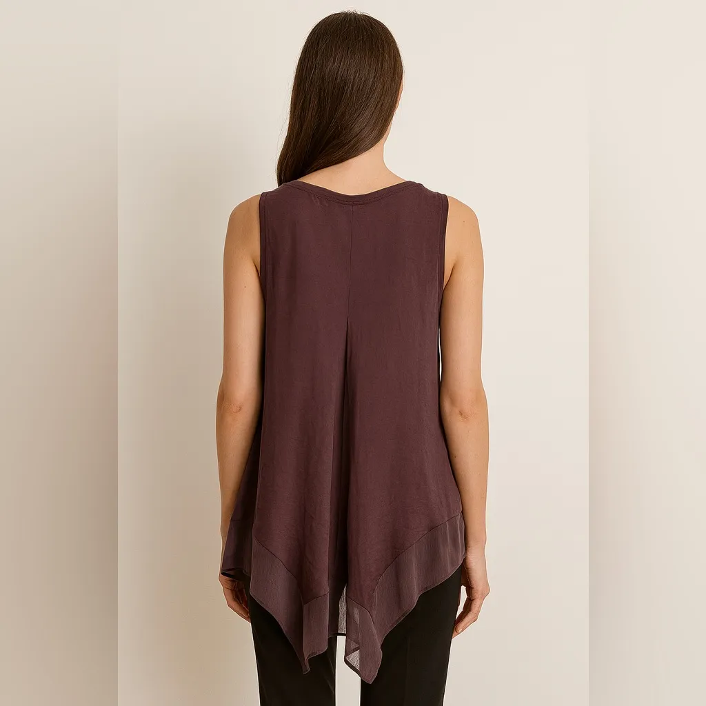 Vera Wang Sleeveless Satin Chiffon Asymmetrical Hem V Neck Top Purple sz Small - Image 2