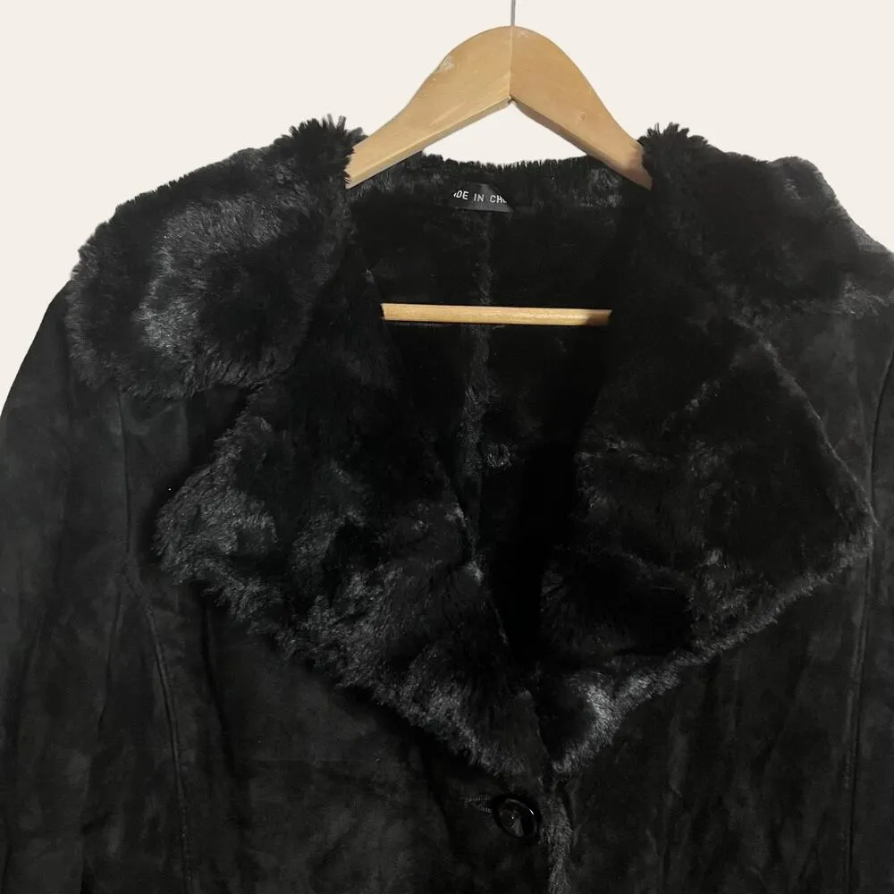 Vintage Marvin Richards Suede Leather Faux Black Long Shearling Coat Size M - Image 3