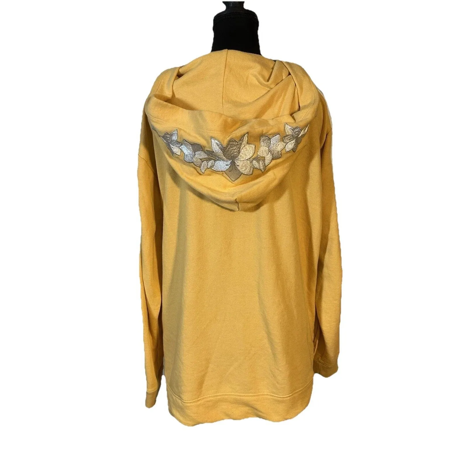 VS PINK Half Zip Hoodie Mustard Yellow Floral Embroidered Hood Sweatshirt Sz S - Image 5