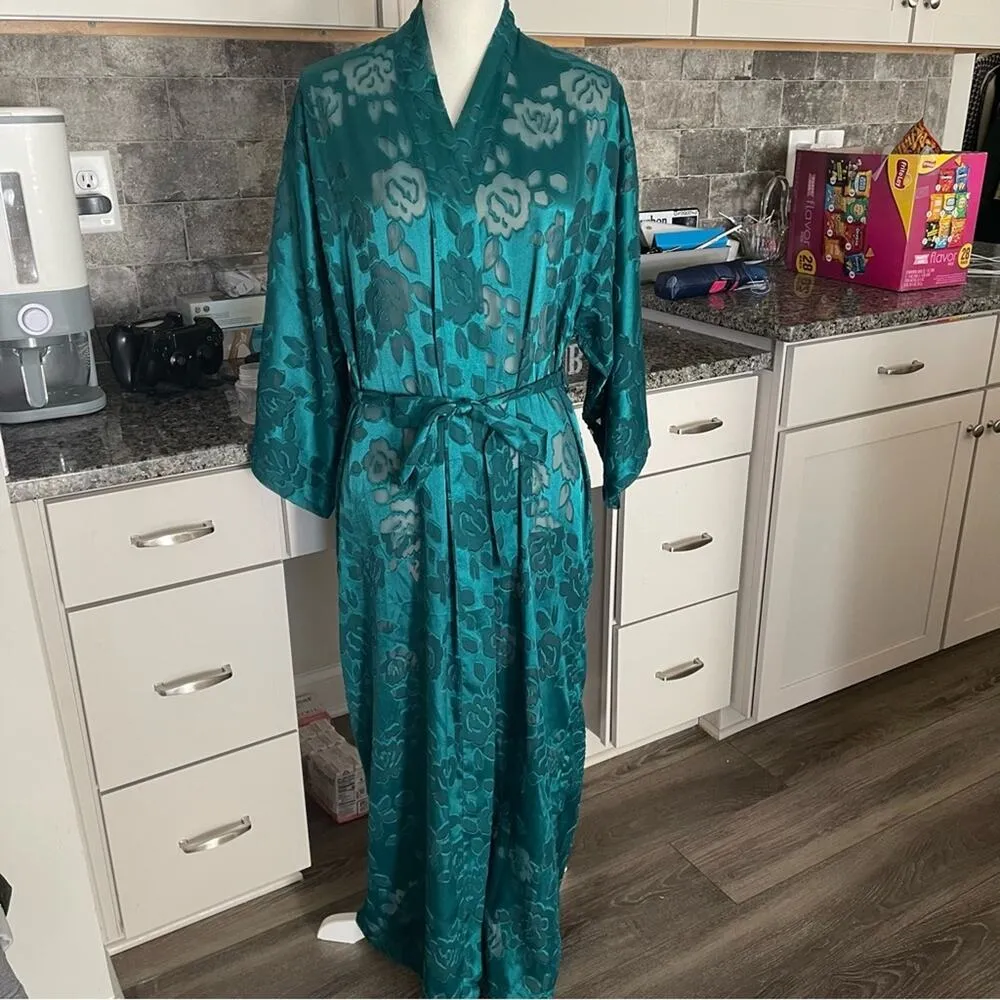 Vintage Victoria Secret Gold Label 70s 80s floral silky duster teal robe‎ - Image 2