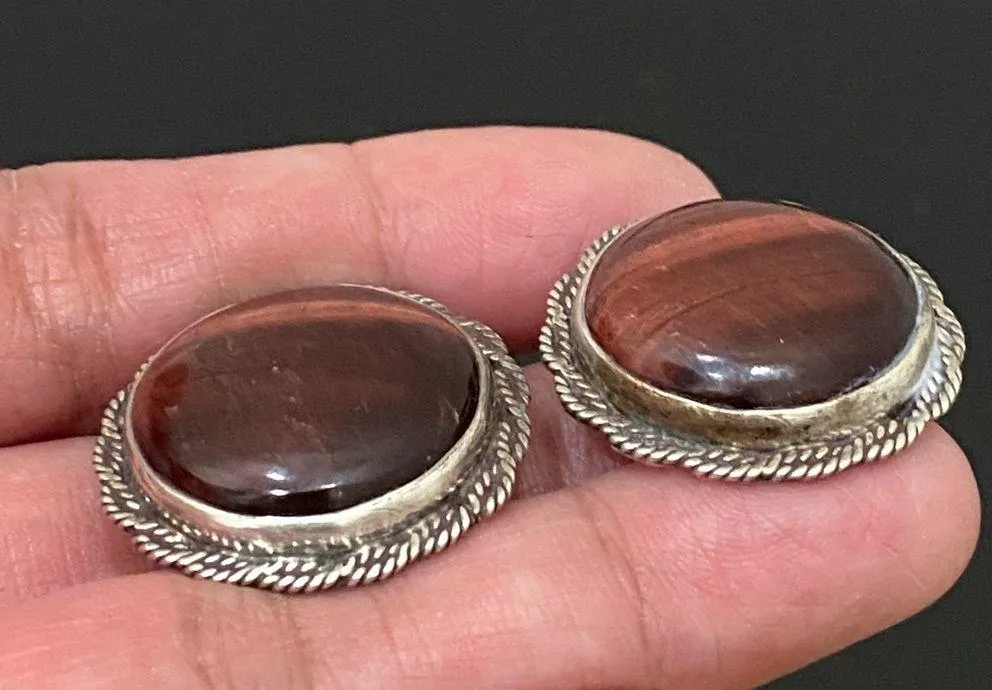 Unique Vintage STERLING Signed Red Tiger Eye Large Cabochon Clip-On Earrings 15g - Image 7