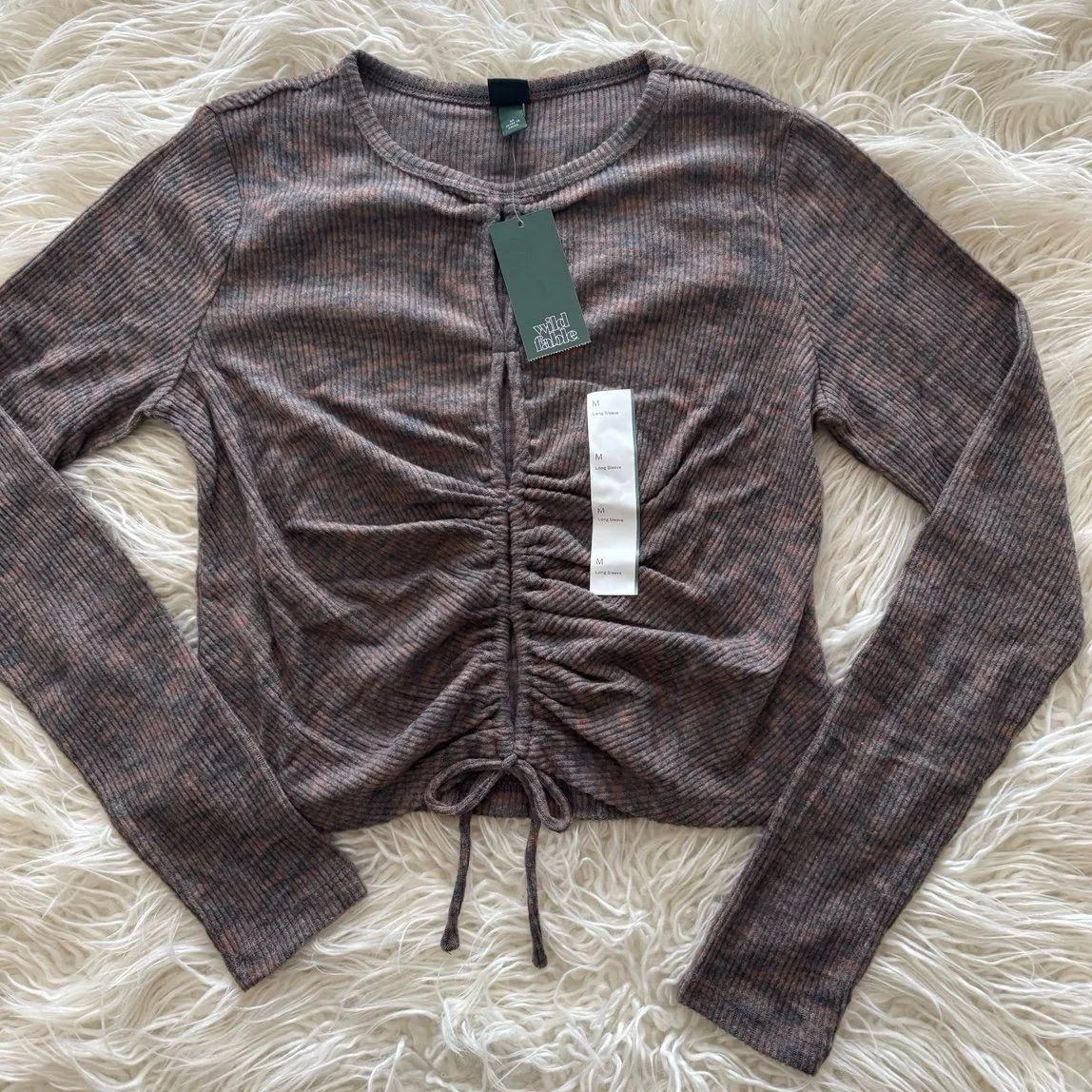 Wild Fable Long Sleeve Lace Up Cozy Knit Blouse Brown Size Medium - Image 3