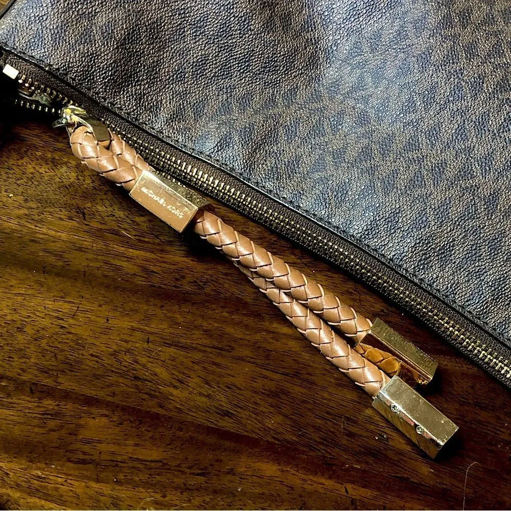 MICHAEL KORS Brown Logo Top Zipper Close Shoulder Bag w Braided Shoulder Strap - Image 10