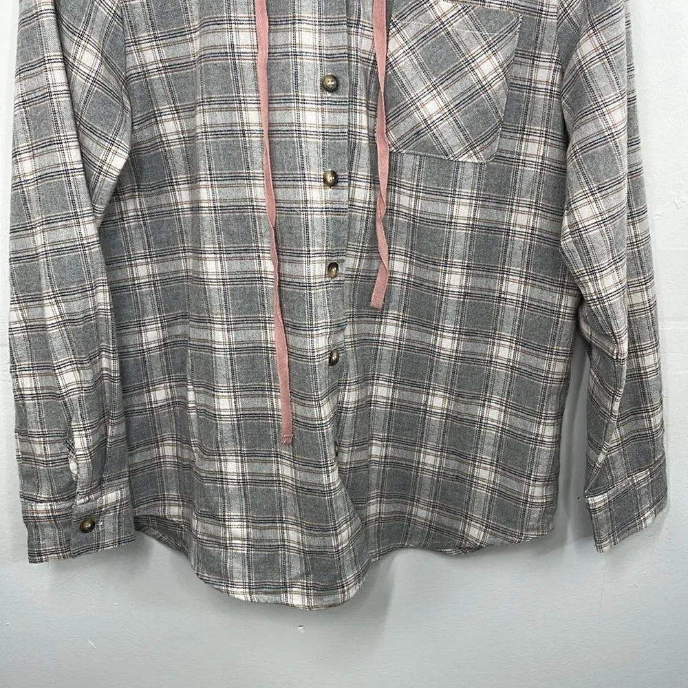 Flannel Plaid Long Sleeve Front Button Closure With Hood Shirt Gray Small Cotton - Image 5