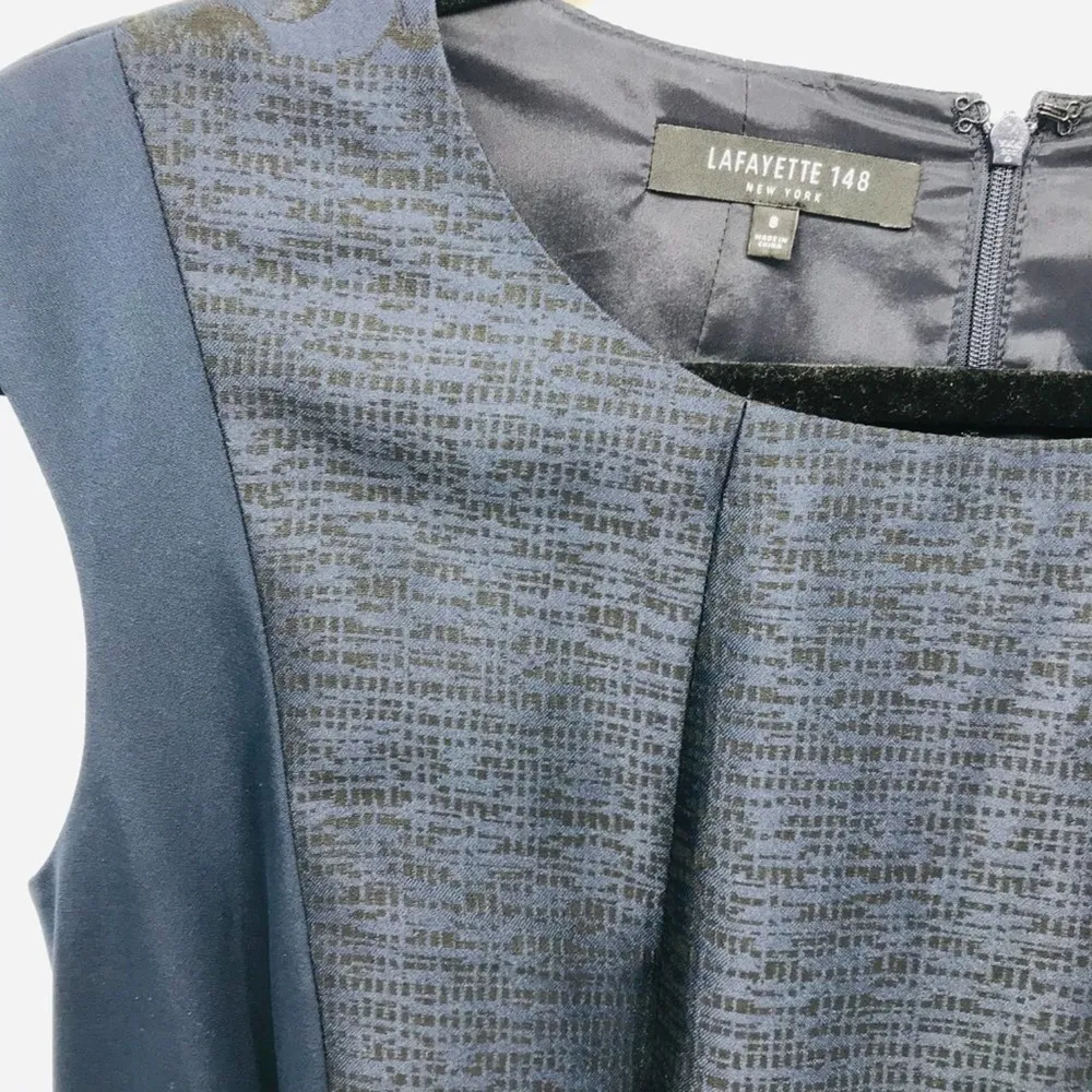 Lafayette 148 New York Full-Skirt Jacquard Panel Sleeveless Fit Flare Dress Navy - Image 8