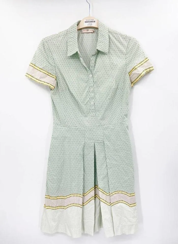 Tory Burch Emmy Green Printed Cotton Short Sleeve Pleated Shirt Dress Size 6 - Image 2