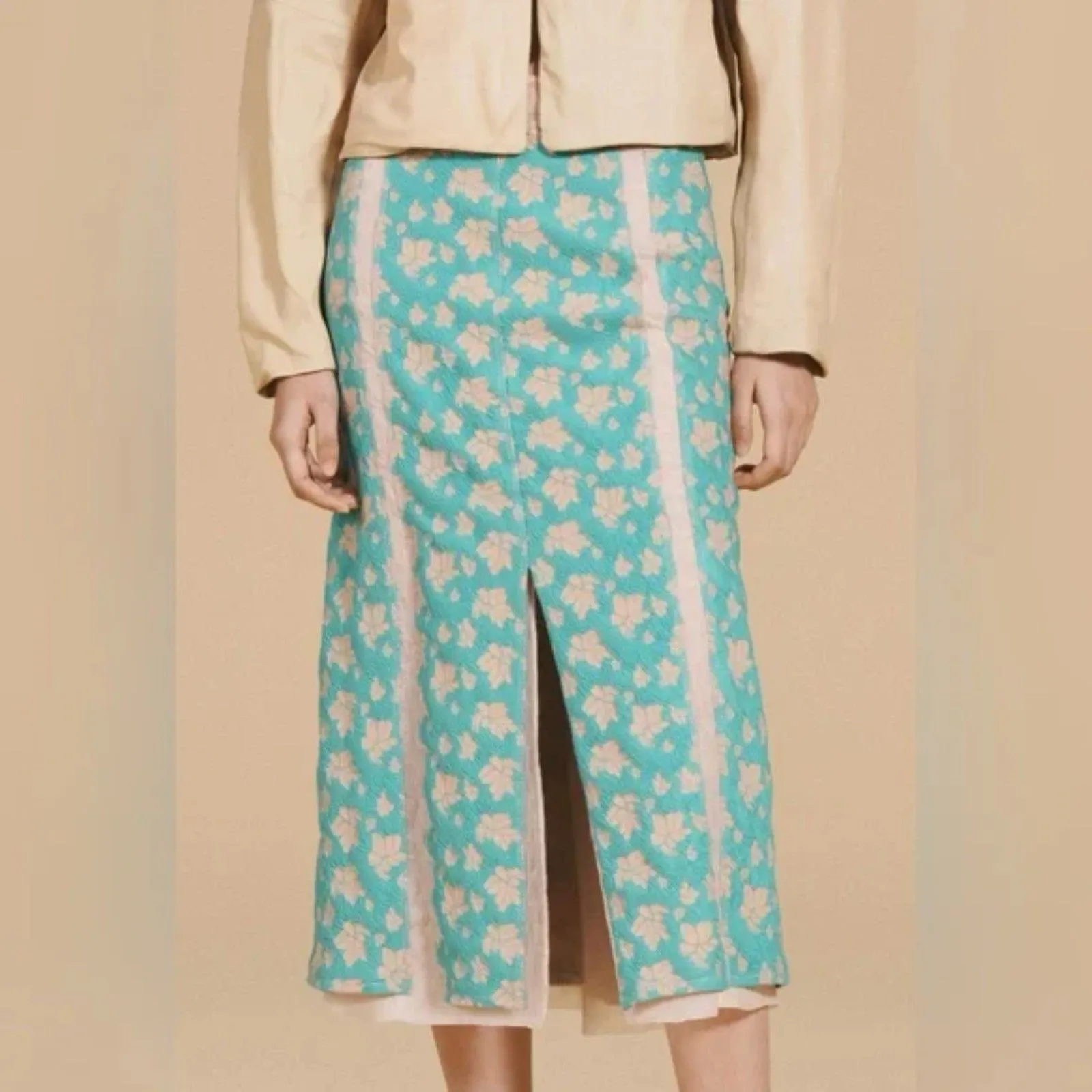 Zara Limited Edition Floral Jacquard Midi Skirt XS Teal Gold Brocade Elegant - Image 3