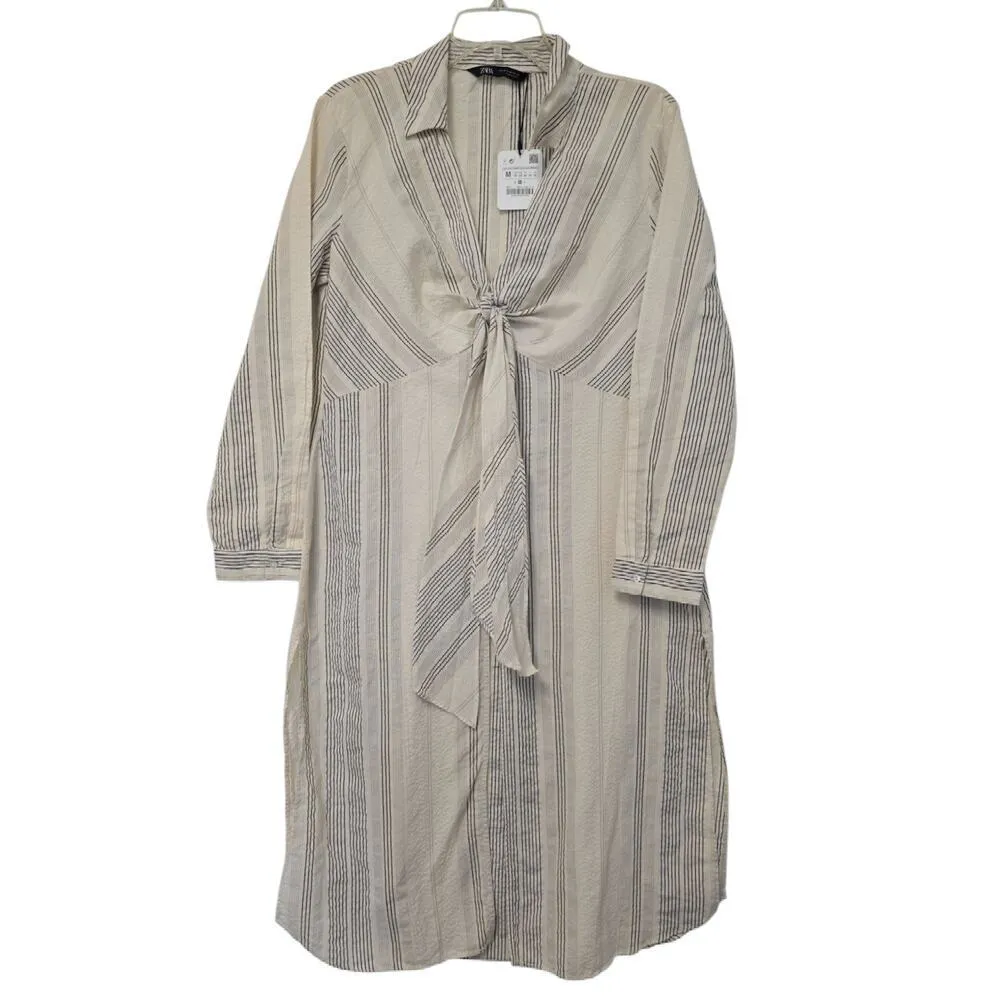 NWT Zara V Neck High Waisted Dress Striped Bow Cream Black Size Med Lightweight - Image 4