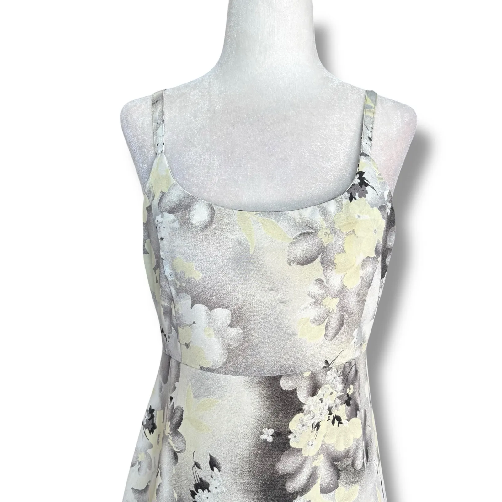 Vintage 90s All That Jazz Floral Slip Dress Tie Back Bow Detail Gray Yellow Maxi - Image 2