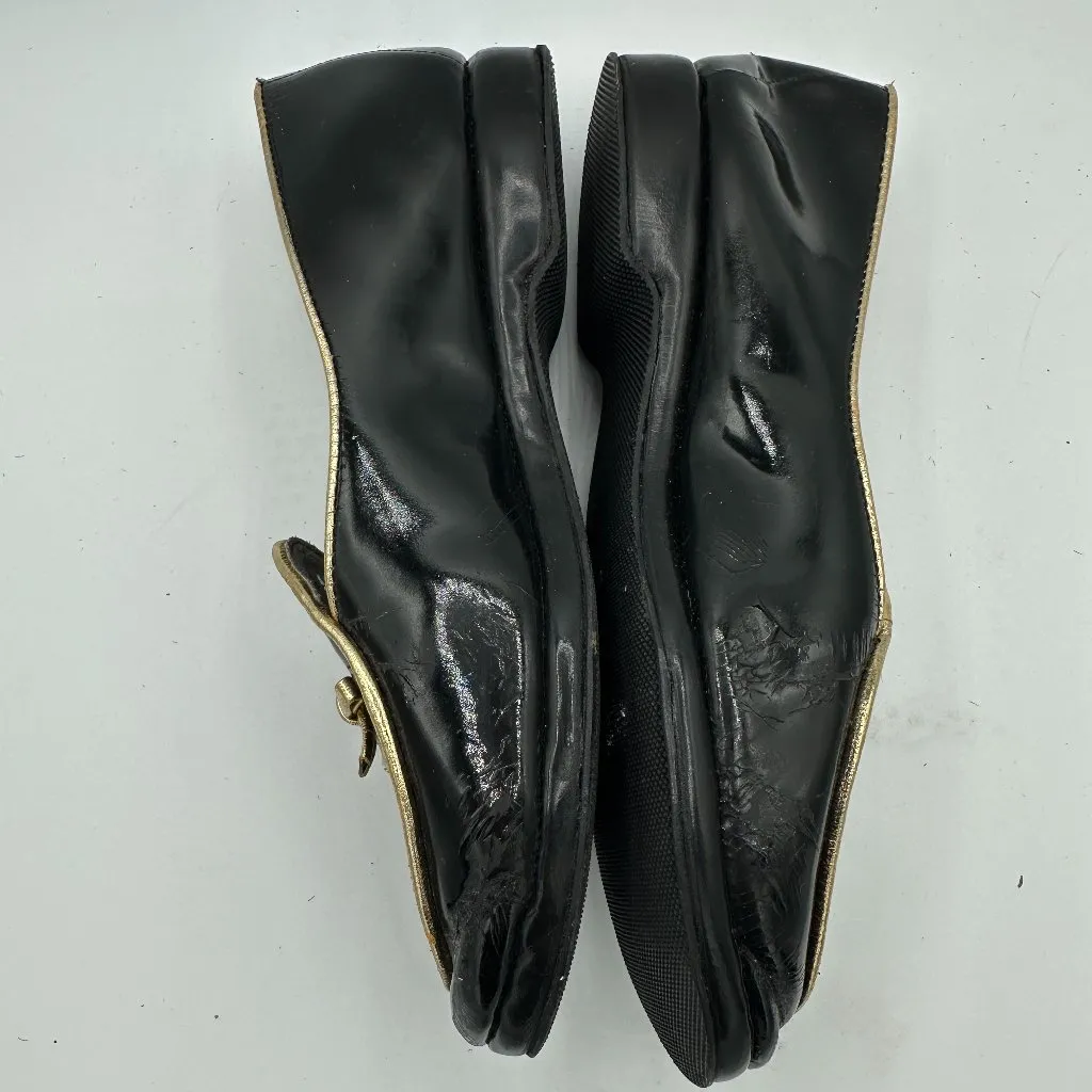Belgian Shoes Midinette Loafers Black Patent Leather Gold Trim Bow M 5 (4287) - Image 3