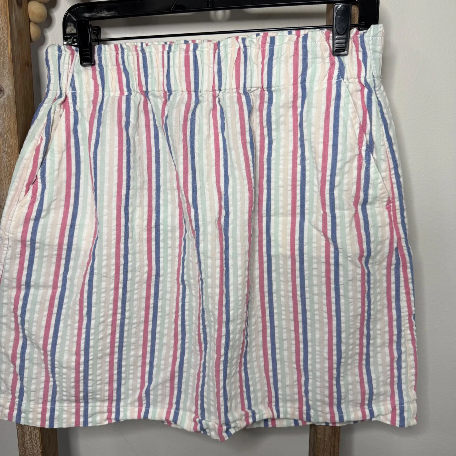 Loft Outlet Striped Seersucker Skirt Womens Size Medium Elastic Waist Pockets - Image 3