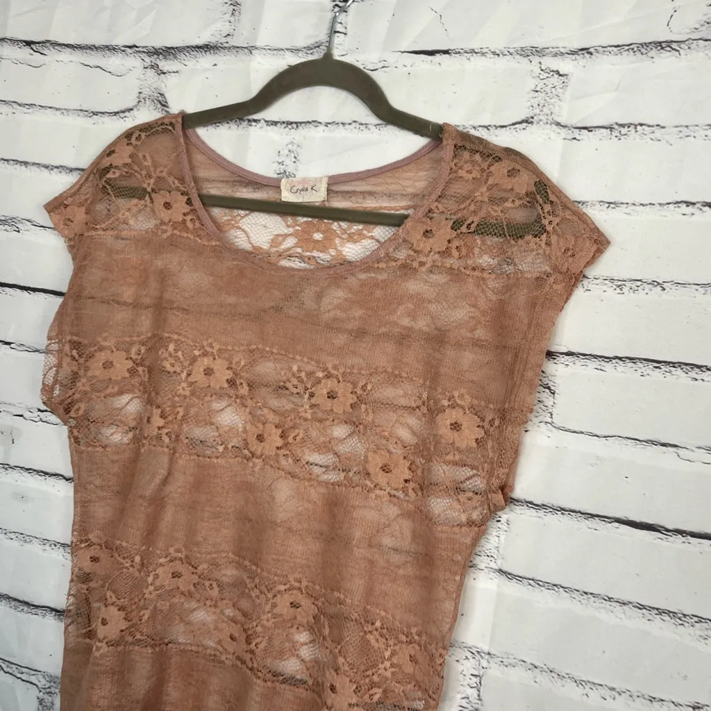 Crystal K Sheer Lace Short Sleeve Blouse Women’s Small Nude Floral Mesh Top Y2K Brown - Image 6