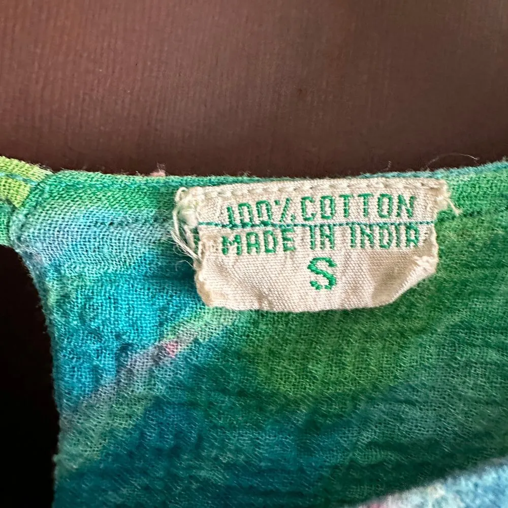 70s Vintage BILA of CALIFORNIA | Bright Floral Cap Sleeve Gauze Dress | Small Blue - Image 3