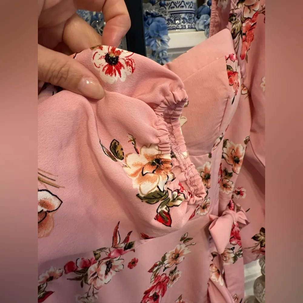 Pink Floral Ruffle Smocked Tie Large Sweetheart Puff Sleeve Ruffle Hem Dress - Image 5