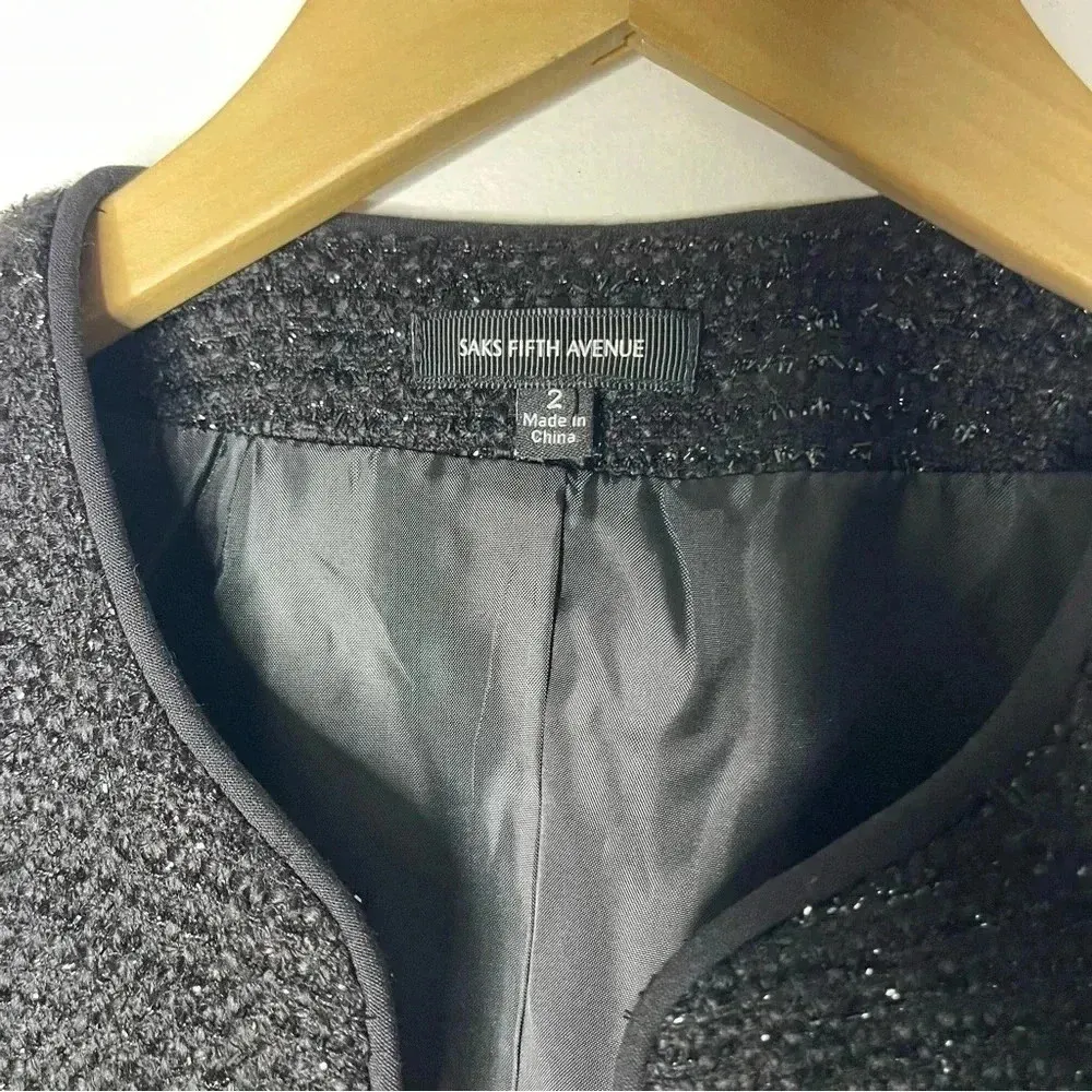 Sak Fifth Avenue Black Metallic Ruffle Shoulder Evening Jacket Size 2 - Image 3