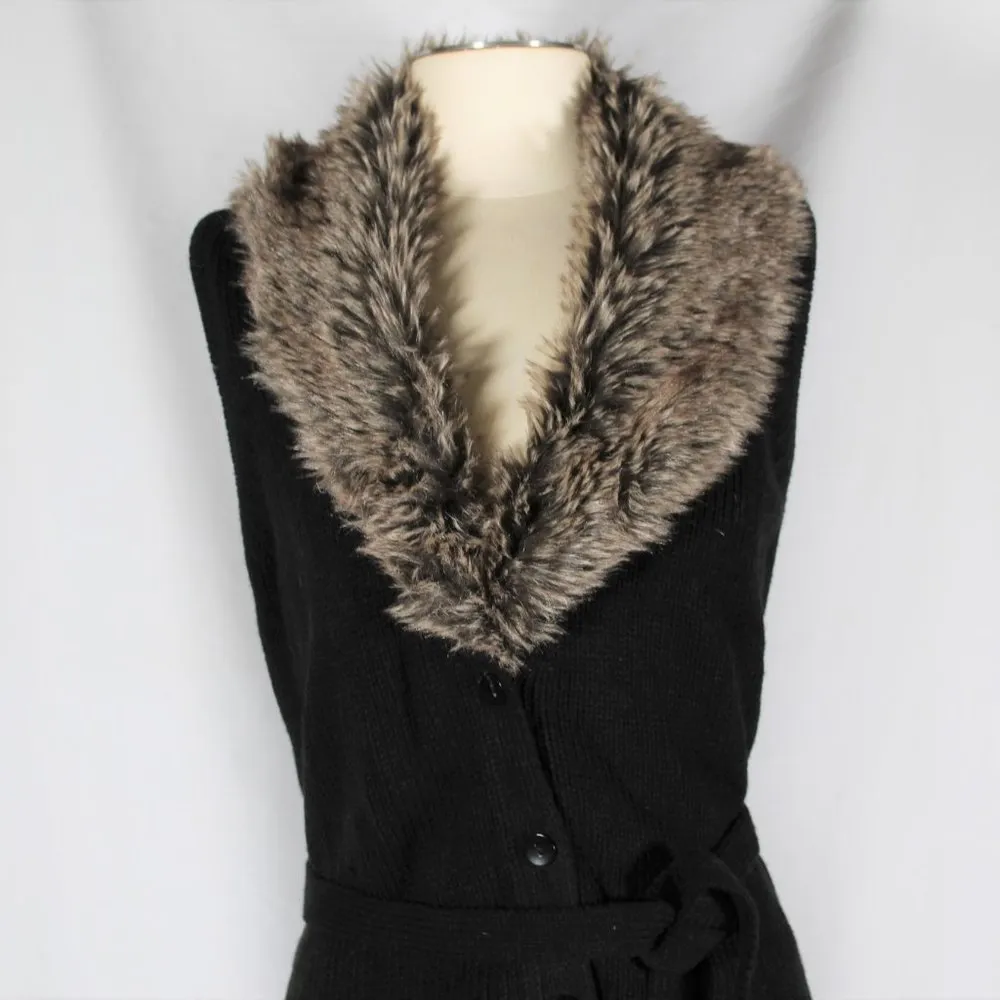 Y2K Black Knit Sweater Vest with Tan Faux Fur Detachable Collar Button with Tie - Image 4