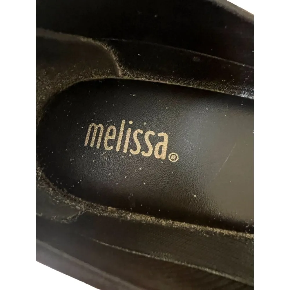Melissa Queen Black Peep Toe Wedge Shoes Rubber Bow Gold Tone 4" heel Sz 8 - Image 8