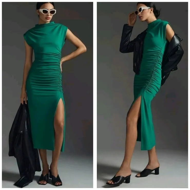 Anthropologie‎ The Maya Ruched Cowl Neck Midi Dress Green Size XL Petite NEW NWT - Image 2