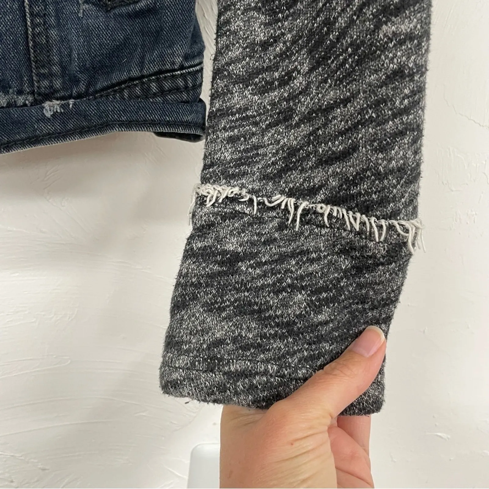 Free People Denim Hoodie Jacket With Grey Sweater Sleeve Womens S Blue Jean - Image 3