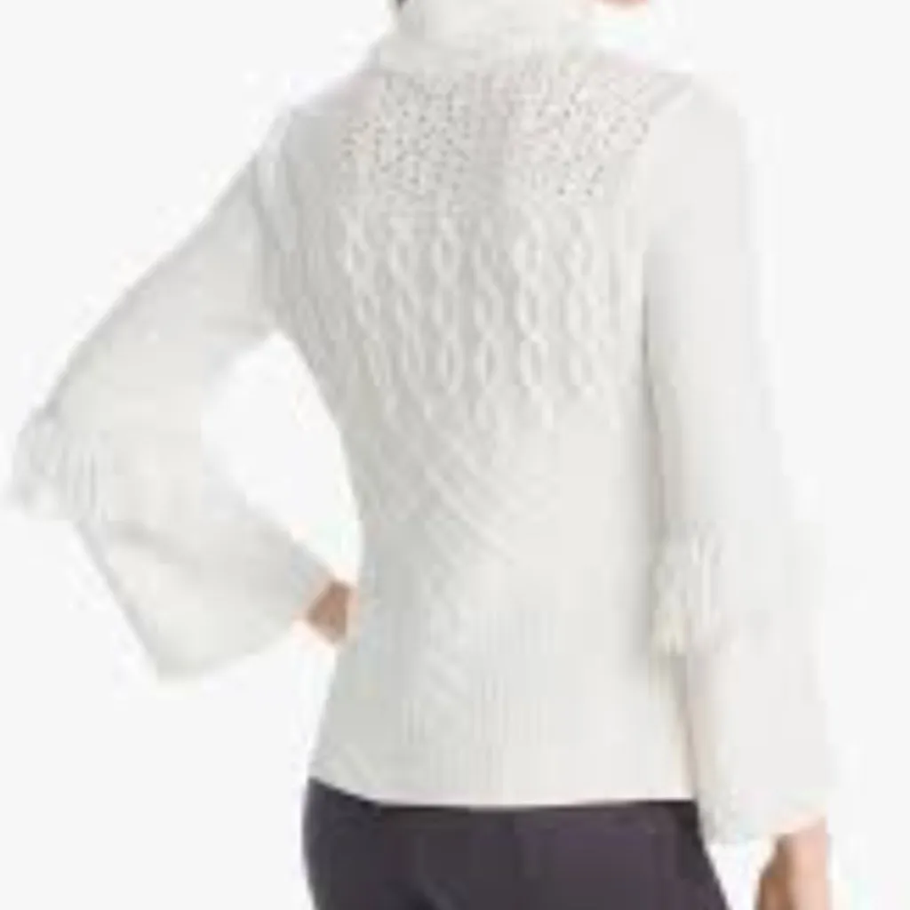 WHBM Mock Neck Embellished Fringed Sleeve Sweater in Ivory sz small - Image 2