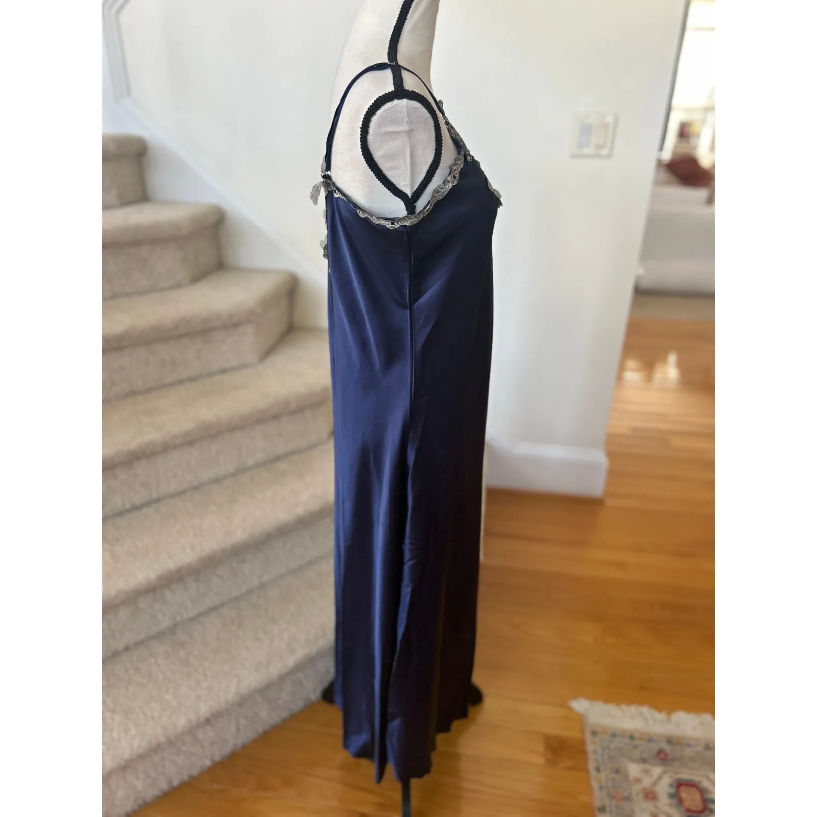 Coquette Whimsygoth Fairy Navy Blue Satin Lace Trim Full Length Slip Dress Size M - Image 5