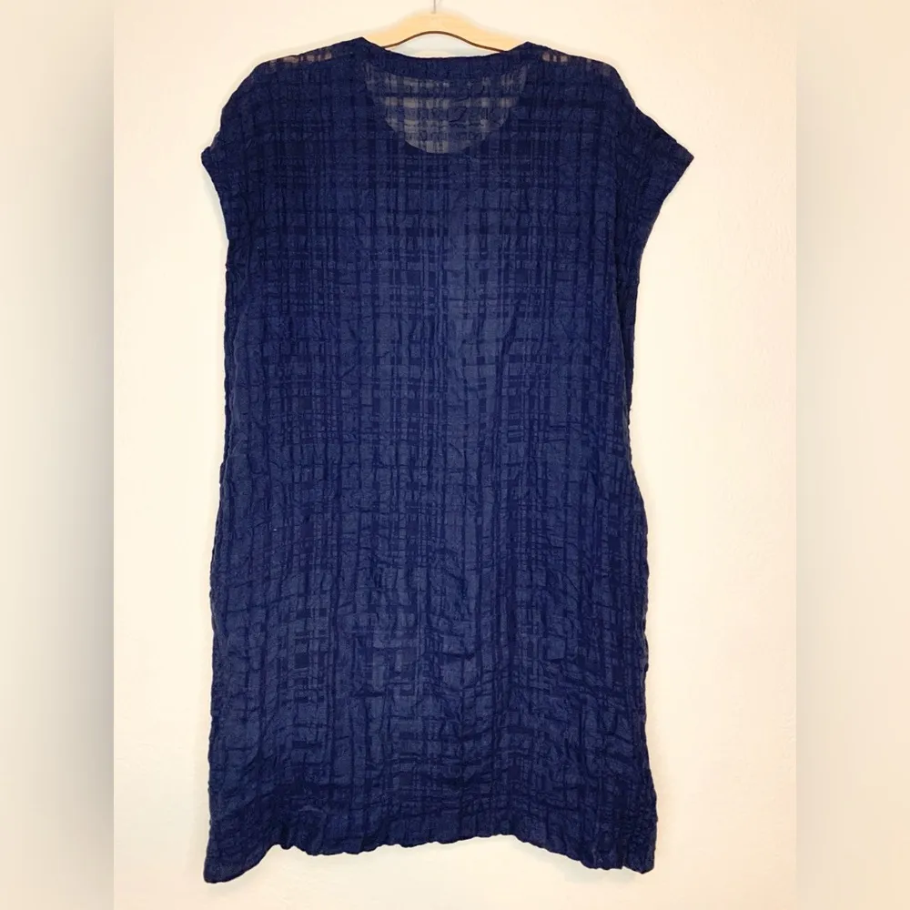 Eileen Fisher Linen Blend Navy Blue Texture Button Up Tunic Dress Shirt Size S - Image 2