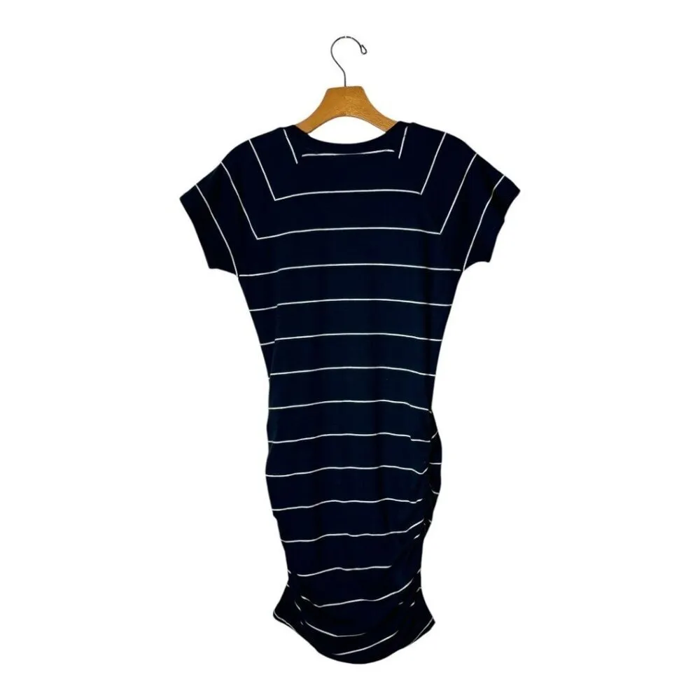 Sundry Anthropologie Dress Women XS Navy Blue White Striped V Neck Ruched Mini - Image 4