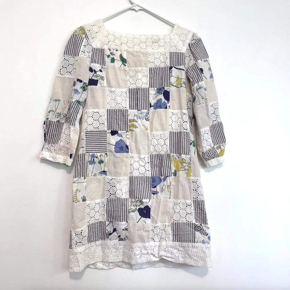 THREAD SOCIAL White Blue Patchwork Striped Floral Seersucker Eyelet Cotton Dress Size 6 - Image 12