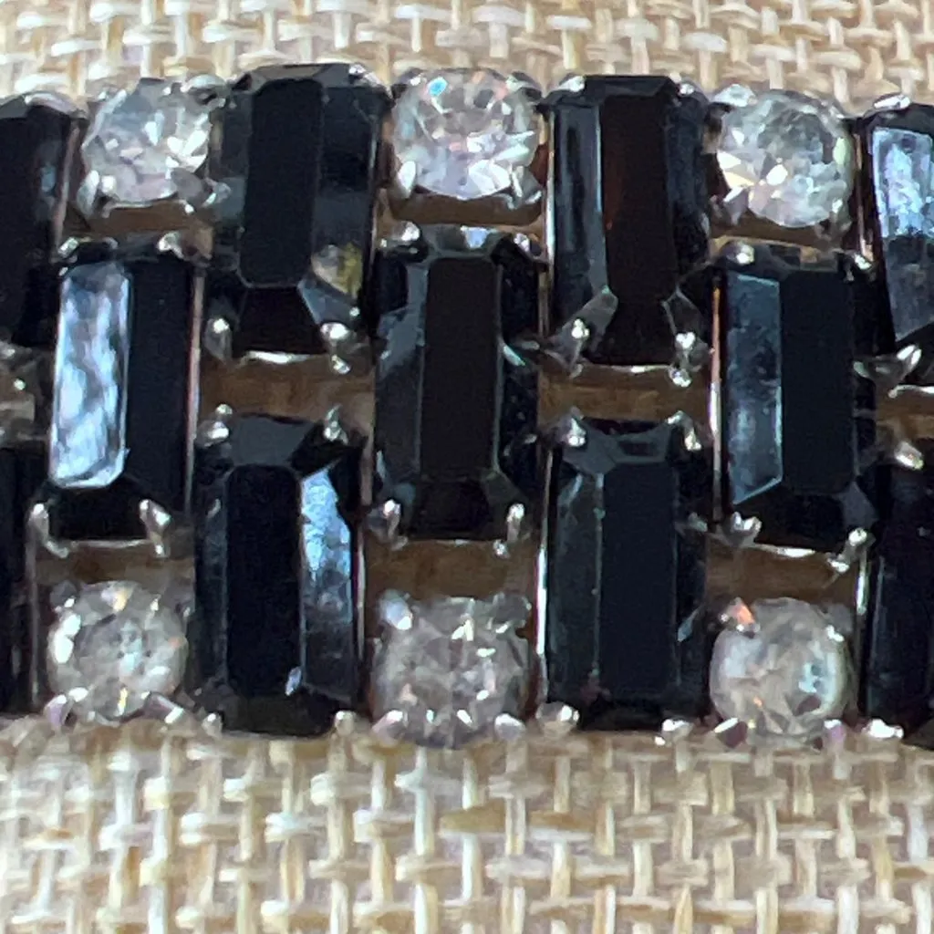 Vintage Weiss Cuff Bracelet Silver Tone Black Baguette Rhinestones Adj Estate - Image 2