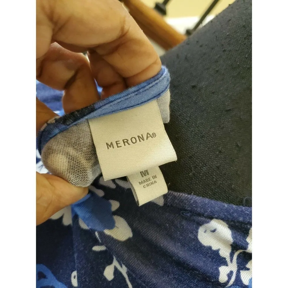 MERONA Dress M Blue Floral Stretch Faux Wrap - Image 7