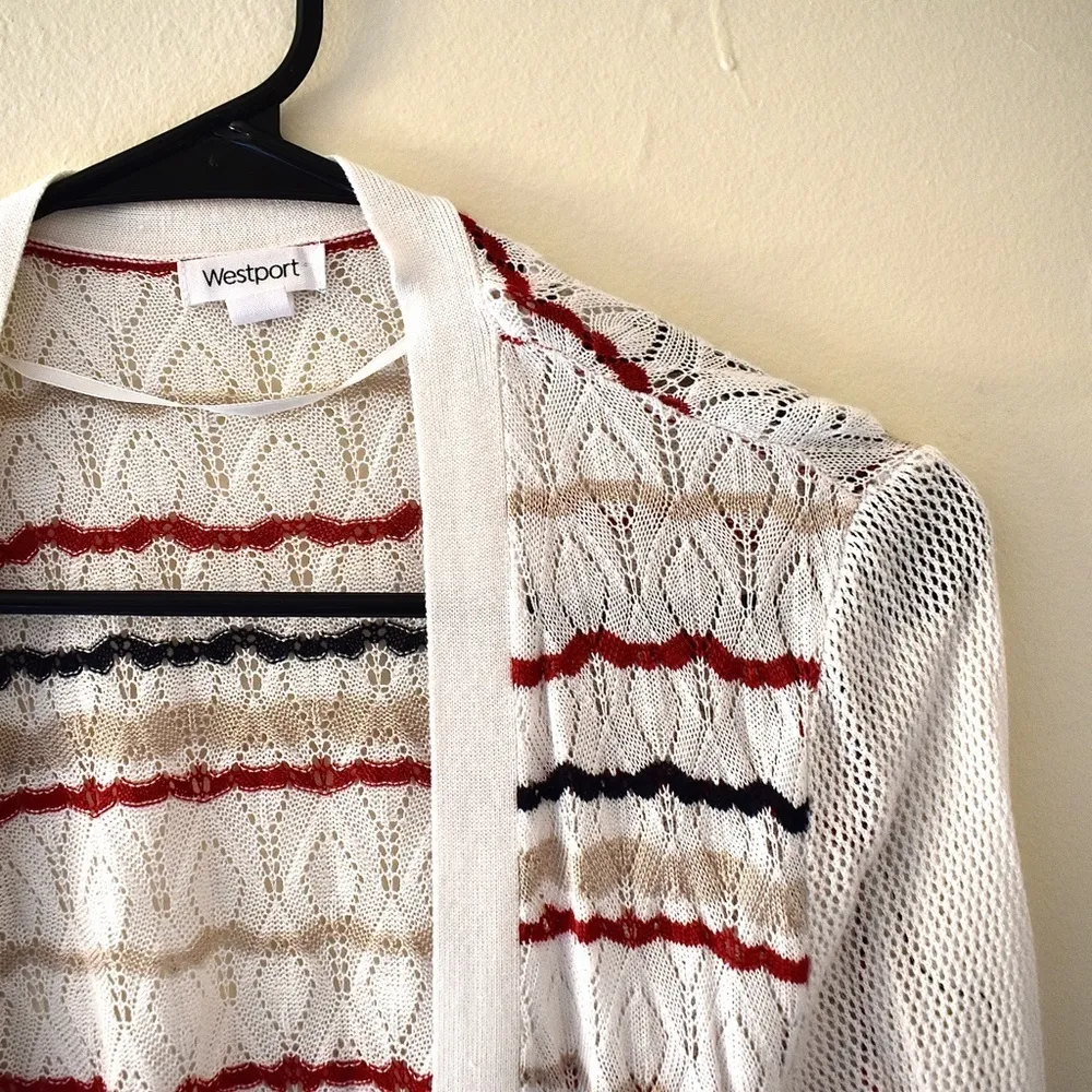 3/ $25 M- Westport Crochet Design Cardigan Red White and Blue, Delicate, Lacy - Image 2