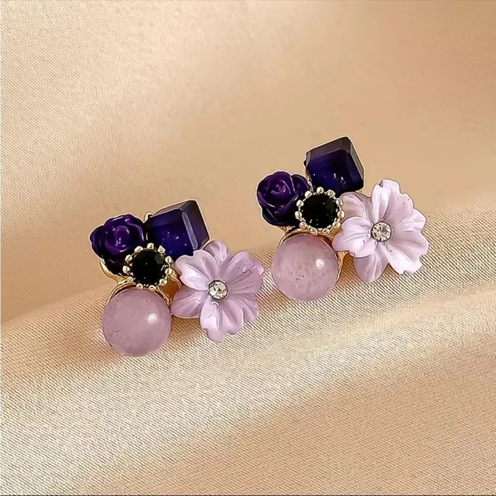 Purple Shiny Flower Shape Stud Earrings Inlaid Shiny Zircon Faux Fashion Jewelry Gold - Image 2